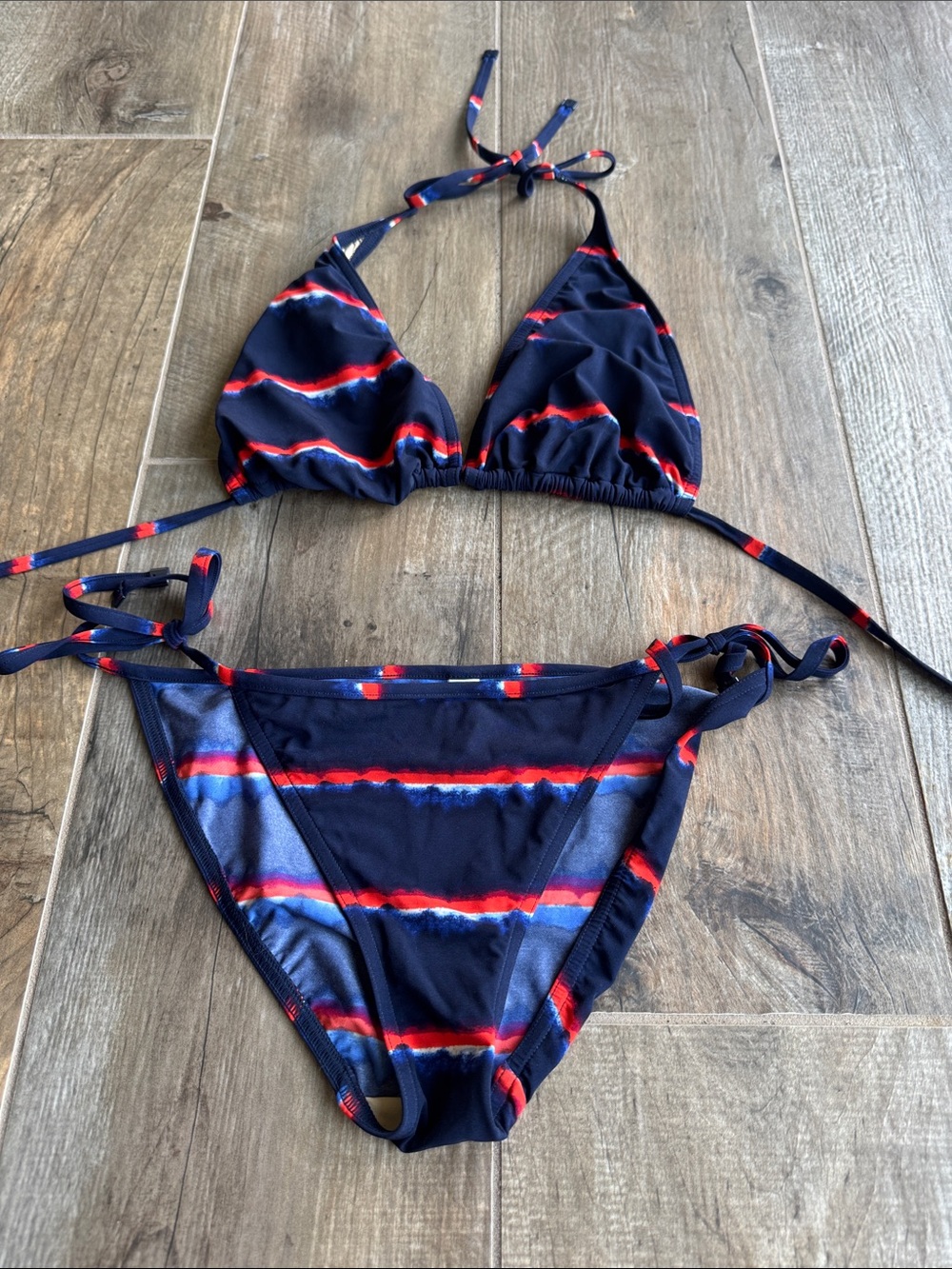 GAP Navy Blue and Red Striped Triangle Bikini